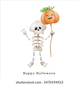 cute skull skeleton with pumpkin ghost balloon , illustration Halloween horror element clipart