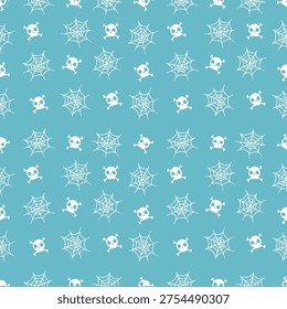 Cute skull spider web seamless pattern scandinavian style blue background vector