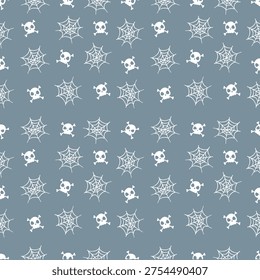 Cute skull spider web seamless pattern scandinavian style dusty blue background vector