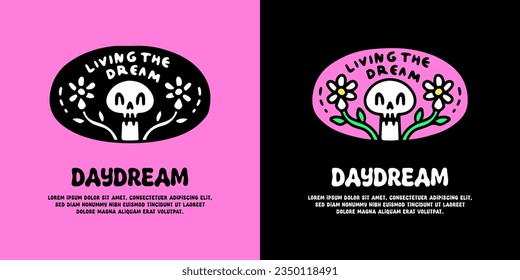 Cute skull and sunflower with living the dream typography, illustration for logo, t-shirt, sticker, or apparel merchandise. With doodle, retro, groovy, and cartoon style.