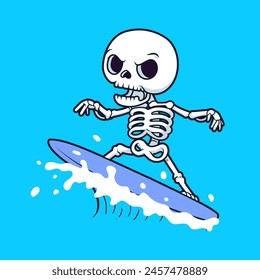 Cute Skull Surfing Cartoon Vector Icon Illustration. People Sport Icon Concept Isolated Premium Vector. Flat Cartoon Style