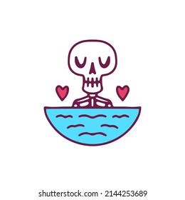 Cute skull swim on the sea, illustration for t-shirt, sticker, or apparel merchandise. With doodle, retro, and cartoon style.