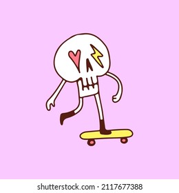 Cute Skull with thunder and love eyes ride a skateboard, illustration for t-shirt, poster, sticker, or apparel merchandise. With cartoon style.