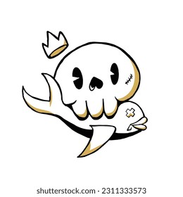 Cute Skull Vector Art. skull biting fish Vintage Vector Illustration. Black and White Illustration