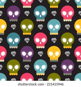 Cute skull vector colorful seamless pattern with namd drawn white diamond shape on a dark background