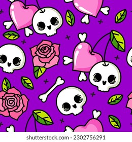 Cute skull vector seamless pattern on white with hearts and flowers. Multicolor Skulls background, Day of the Dead celebration. Seamless pattern with skulls. Vector illustration.