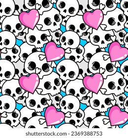 Cute skull vector seamless pattern with hearts. Multicolor Skulls background, Day of the Dead celebration. Seamless pattern with skulls. Vector illustration.