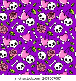 Cute skull vector seamless pattern on white with hearts and flowers. Multicolor Skulls background, Day of the Dead celebration. Seamless pattern with skulls. Vector illustration.