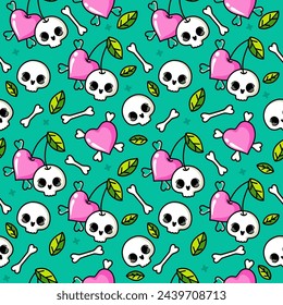 Cute skull vector seamless pattern on white with hearts. Multicolor Skulls background, Day of the Dead celebration. Seamless pattern with skulls. Vector illustration.