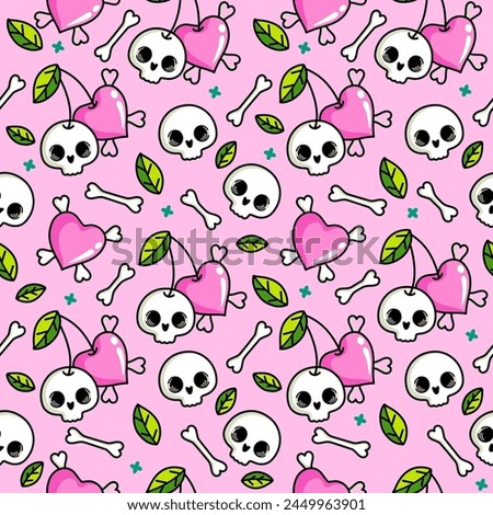 Cute skull vector seamless pattern on pink with hearts. Multicolor Skulls background, Day of the Dead and halloween celebration. Seamless pattern with skulls. Vector illustration.