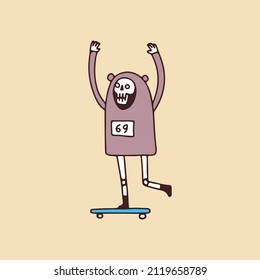 Cute skull wearing bear costume and riding skateboard, illustration for t-shirt, sticker, or apparel merchandise. With retro cartoon style.