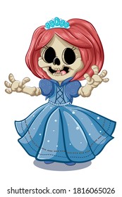 A cute skull wearing princess dress and blue crown, illustration