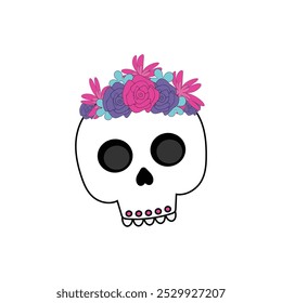 Cute skull with a wreath of flowers on its head on a white background.
