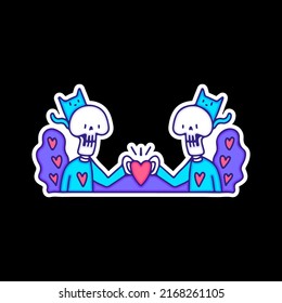 Cute skulls character with cat showing love symbol, illustration for t-shirt, sticker, or apparel merchandise. With doodle, retro, and cartoon style.