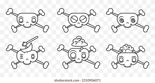 Cute skulls with crossbones, cartoon comic style illustration. Vector isolated on background.