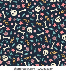 Cute Skulls, Flowers And Plants. Vector Seamless Pattern