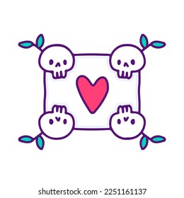 Cute skulls head with love symbol doodle cartoon, illustration for t-shirt, sticker, or apparel merchandise. With modern pop style.