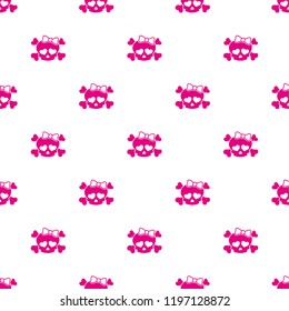 Cute Skulls with Heart Eyes and Hair Bows. Seamless vector pattern, magenta on transparent background (jpg on white background). Fully editable vector, perfect for Halloween.