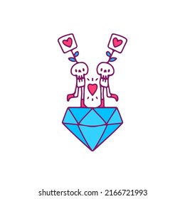 Cute skulls with love sign standing on big diamond, illustration for t-shirt, sticker, or apparel merchandise. With doodle, retro, and cartoon style.