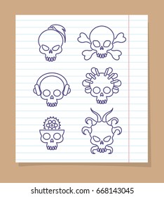 Cute skulls on notebook page background. Vector linear skull icons design