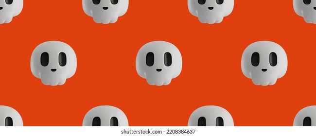 Cute skulls on an orange background. 3D seamless vector pattern. Holiday banner for Halloween