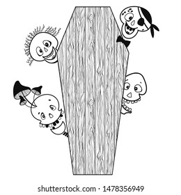 Cute skulls peek out from behind the coffin lid. Halloween design.Vector. Cartoon illustration, element for design, greeting card or invitation on a white background.