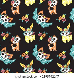 Cute skulls  of rabbit, cat and bat.  Day of the dead or  Halloween. Kids print. Seamless pattern. Vector