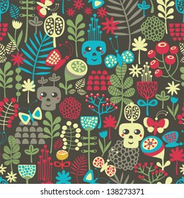 Cute skulls seamless pattern. Vector background with flowers, skulls, bones, grass and butterflies.