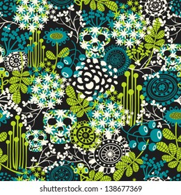 Cute skulls seamless pattern. Vector background with flowers, skulls, bones, grass and butterflies.