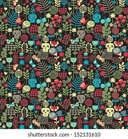 Cute skulls seamless pattern. Vector background with flowers.