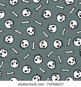 Cute skulls seamless pattern. Vector hand drawn ink brush background