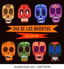 Cute skulls set. Mexican day of the dead. Funny characters in a colorful style.
