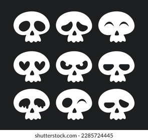 Cute skulls set. Social media sticker for Halloween and Day of Dead, Dia de los muertos. Emotion and emoji with skeleton, ghost face. Cartoon flat vector illustrations isolated on black background