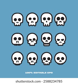 Cute skulls set. Social media sticker for Halloween and Day of Dead. Emotion and emoji with skeleton, ghost face.