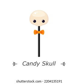 Cute skull-shaped candy on stick with bow. Flat cartoon vector illustration isolated on white background. Halloween trick or treat sweets for web, mobile app, print, greeting card and other design 