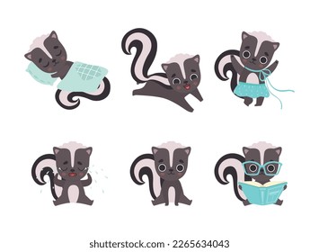 Cute Skunk Animal Character Engaged in Different Activity Vector Set