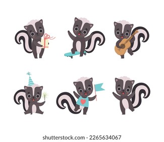 Cute Skunk Animal Character Engaged in Different Activity Vector Set