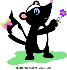 Cute Skunk with Flower and Butterfly Vector