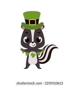 Cute skunk in green leprechaun hat with clover. Irish holiday folklore theme. Cartoon design for cards, decor, shirt, invitation. Vector stock illustration.