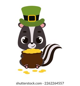 Cute skunk in green leprechaun hat holds bowler with gold coins. Irish holiday folklore theme. Cartoon design for cards, decor, shirt, invitation. Vector stock illustration.