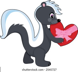 Cute skunk holding a Valentine heart with pink bow