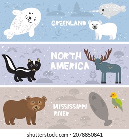 Cute skunk polar bear elk parrot Manatee narwhal seal grizzly bear, kids background North America animals Greenland Mississippi River brown gray beige blue lilac violet horizontal card banner. Vector