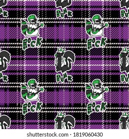 Cute skunk and raccoon on plaid background vector pattern. Grungy alternative checkered home decor with cartoon animal. Seamless rocker attitude all over print. 