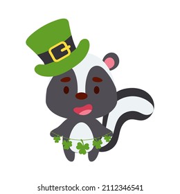 Cute skunk in St. Patrick's Day leprechaun hat holds shamrocks. Irish holiday folklore theme. Cartoon design for cards, decor, shirt, invitation. Vector stock illustration.