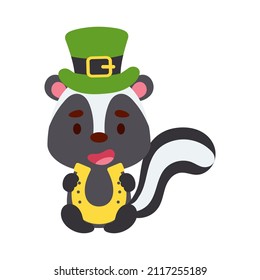 Cute skunk St. Patrick's Day leprechaun hat holds horseshoe. Irish holiday folklore theme. Cartoon design for cards, decor, shirt, invitation. Vector stock illustration.