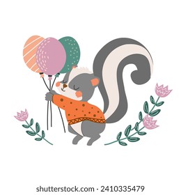 Cute skunk. Vector children's illustration with forest animal. Skunk and balloons. Postcard, print for clothes, printing. White isolated background.