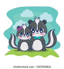 cute skunks couple characters vector illustration