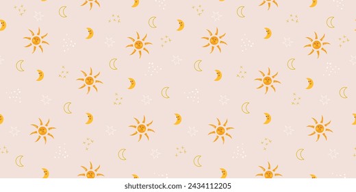 Cute sky background with crescent moon, stars, sun boho colors. Vector seamless pattern