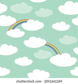 Cute sky clouds rainbow seamless vector pattern 