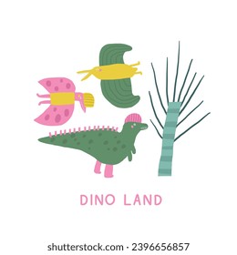 Cute postal de dinosaurios del cielo con dino volador de doodle dibujado a mano, palma, pterodáctilo. Portada de la era Jurásica, plantilla, pancarta, afiche, impresión. Extinción del fondo animal para los niños